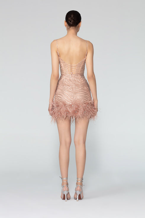 Strappy V Neck Mini Dress With Fur Detail